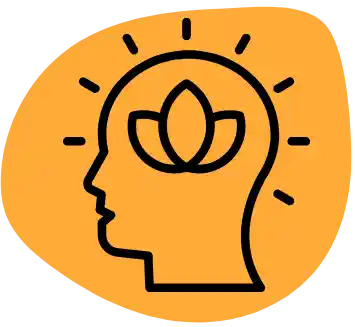 Icon Kopf mit Strahlen und Pflanze mit orangem Hintergrund