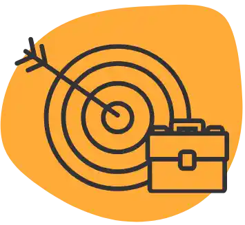 Icon Kopf mit Zielkreis mit Pfeil und Businesskoffer mit orangem Hintergrund