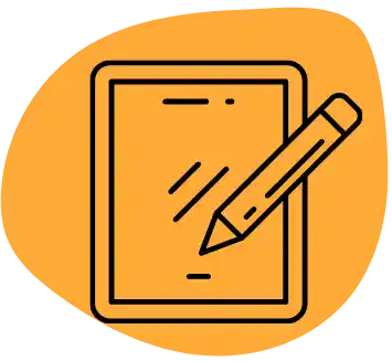 Icon Kopf mit Tablet mit Stift mit orangem Hintergrund