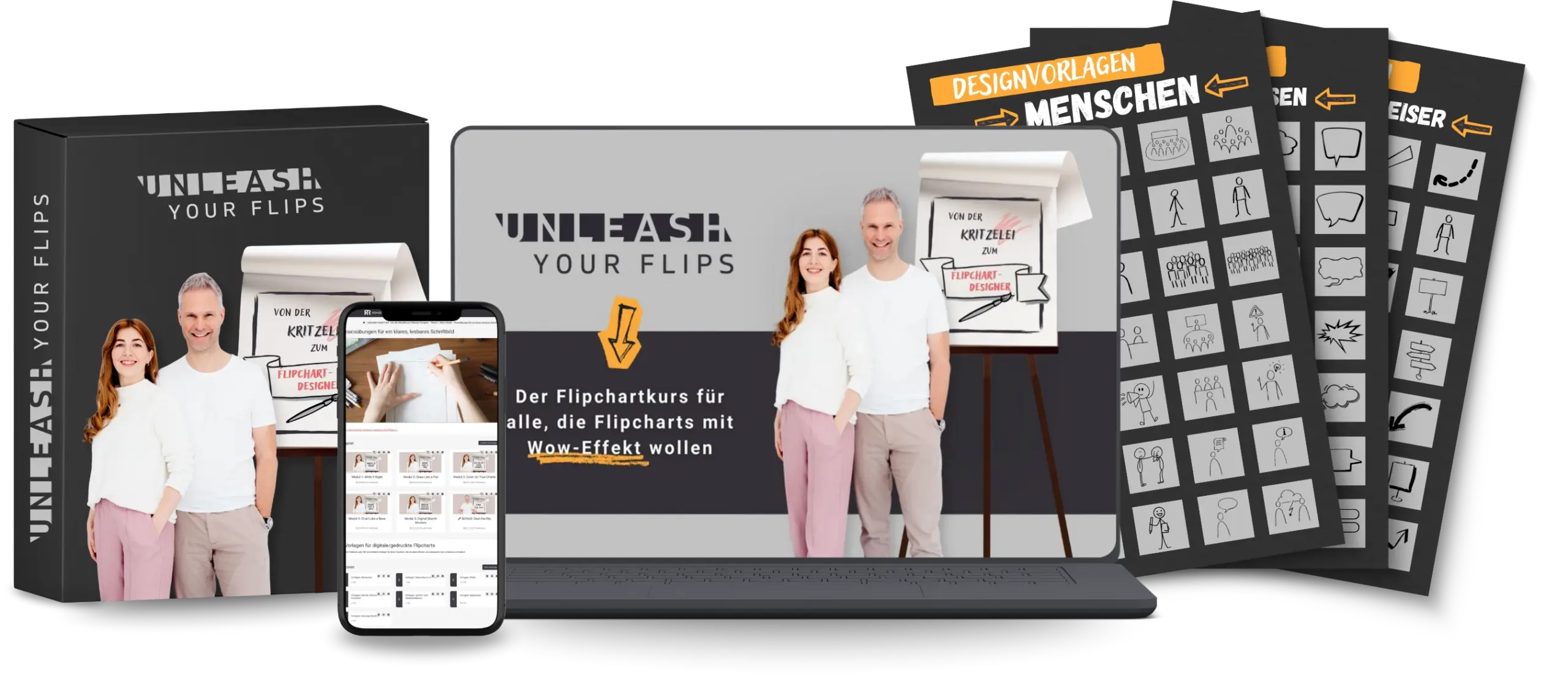 Mochup Übersicht Inhalte des Flipchartkurses. Box, Smartphoneansicht, Laptopansicht, Vorschua Designvolagen