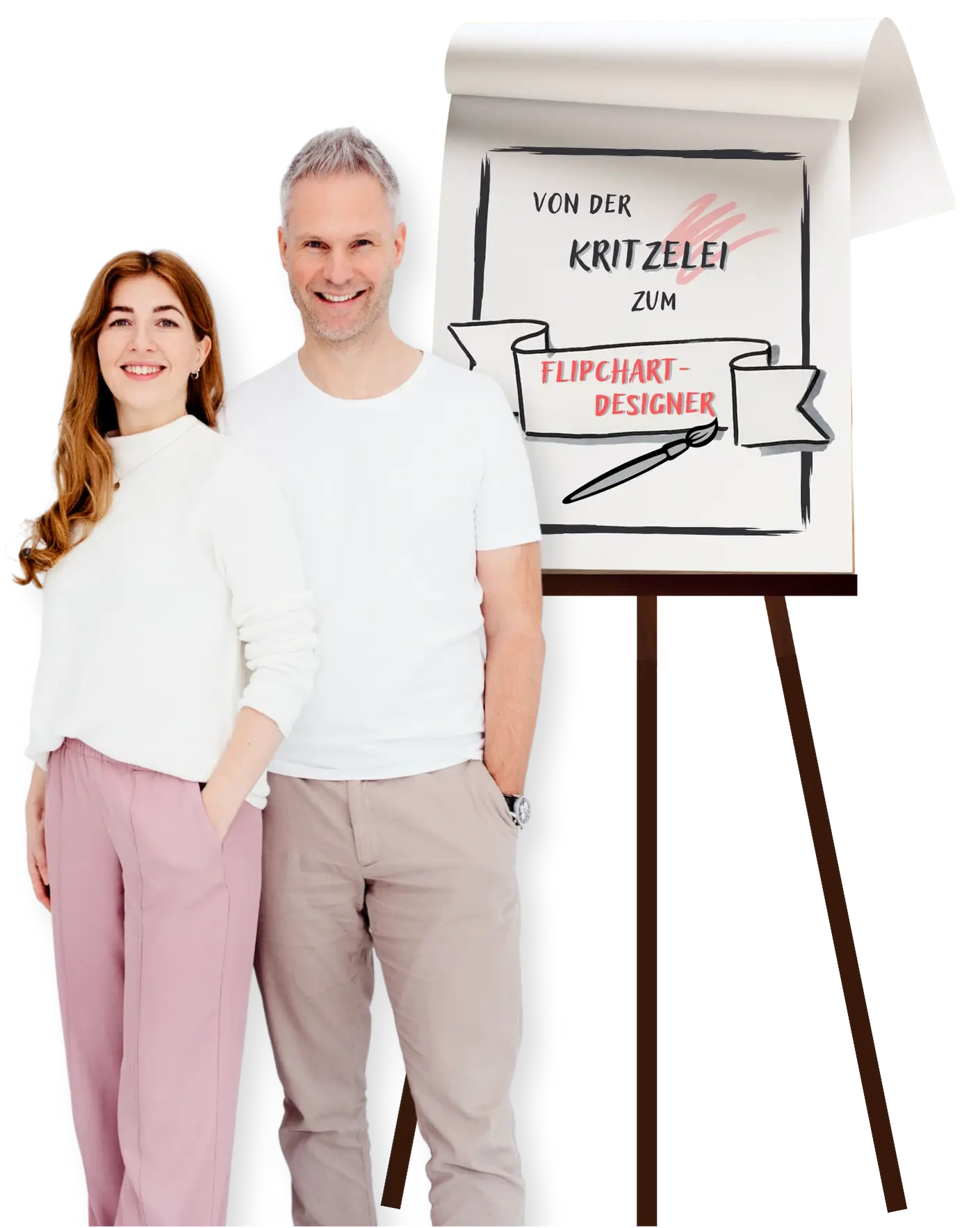 Sarah und Ronny vor Flipchart mit Titel: Von der Kritzelei zum Flipchart-Designer