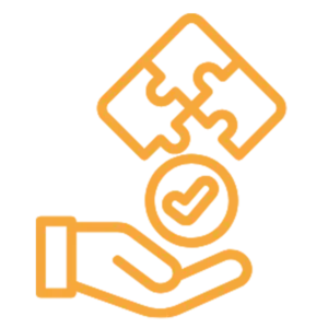 Icon orange, Puzzel mit fehlendem Teil auf Hand inkl. Haken