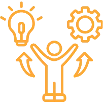 Icon Mann Glühbirne Zahnrad Icon orange, Glühbirne und Zahnrad mit Pfeilen