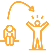 Icon Veraenderung Icon orange, traurige Figur links Pfeil zu fröhlicher Figur rechts