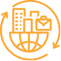 Icon Kreis mit Tools Icon orange, Kreis aus Pfeilen mit Koffer, Erde und Tools