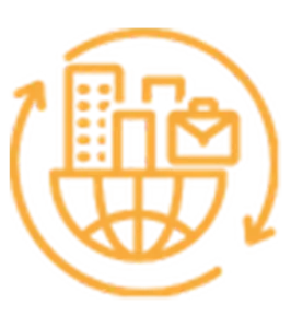 Icon orange Kreis mit Erde und Gebauden und Koffer