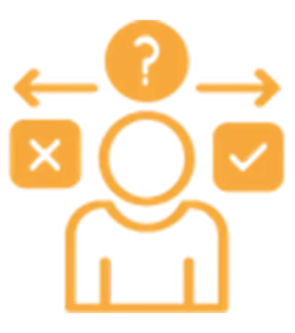 Icon orange Maennchen mit Pfeilen, Fragezeichen, x und Haken