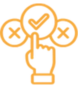 Icon orange Hand mit Kreisen mit X und Haken