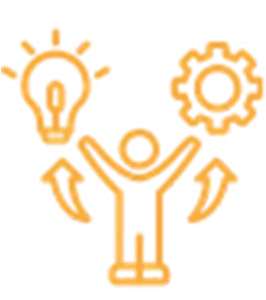 Icon orange Maennchen mit Pfeilen, Gluebirne und Zahnrad