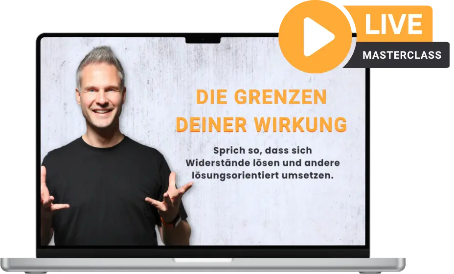 Mockup Laptop mit Webinarfolie Ronny und Schriftzug: Die Grenzen deiner Wirkung - Sprich so, dass sich Widerstände lösen und andere lösungsorientiert umsetzen.